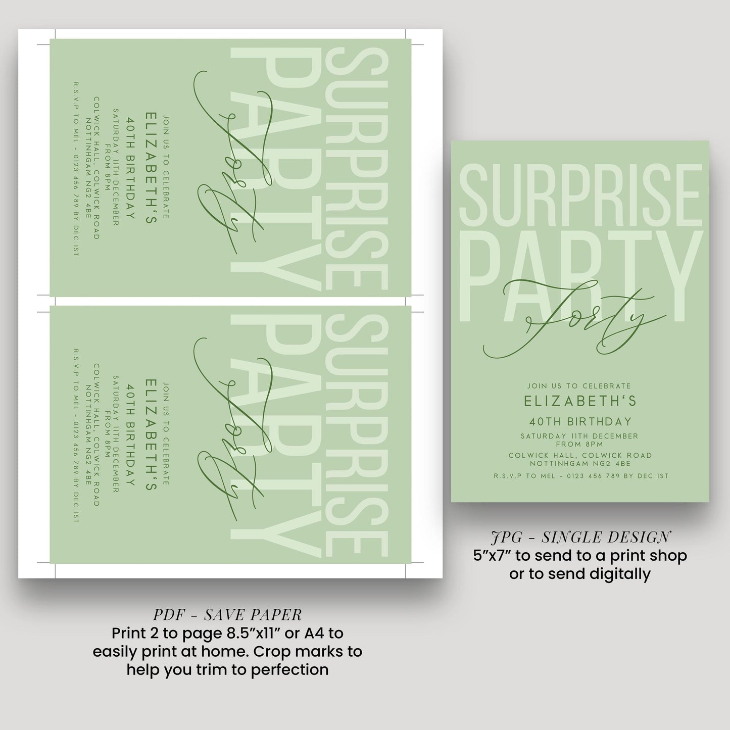 Surprise 40th Birthday Invitation, Editable Sage Surprise Party Invite, Unisex Adult Invitation Template, 40th BirthdayPrintable Template
