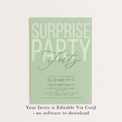 Surprise 40th Birthday Invitation, Editable Sage Surprise Party Invite, Unisex Adult Invitation Template, 40th BirthdayPrintable Template