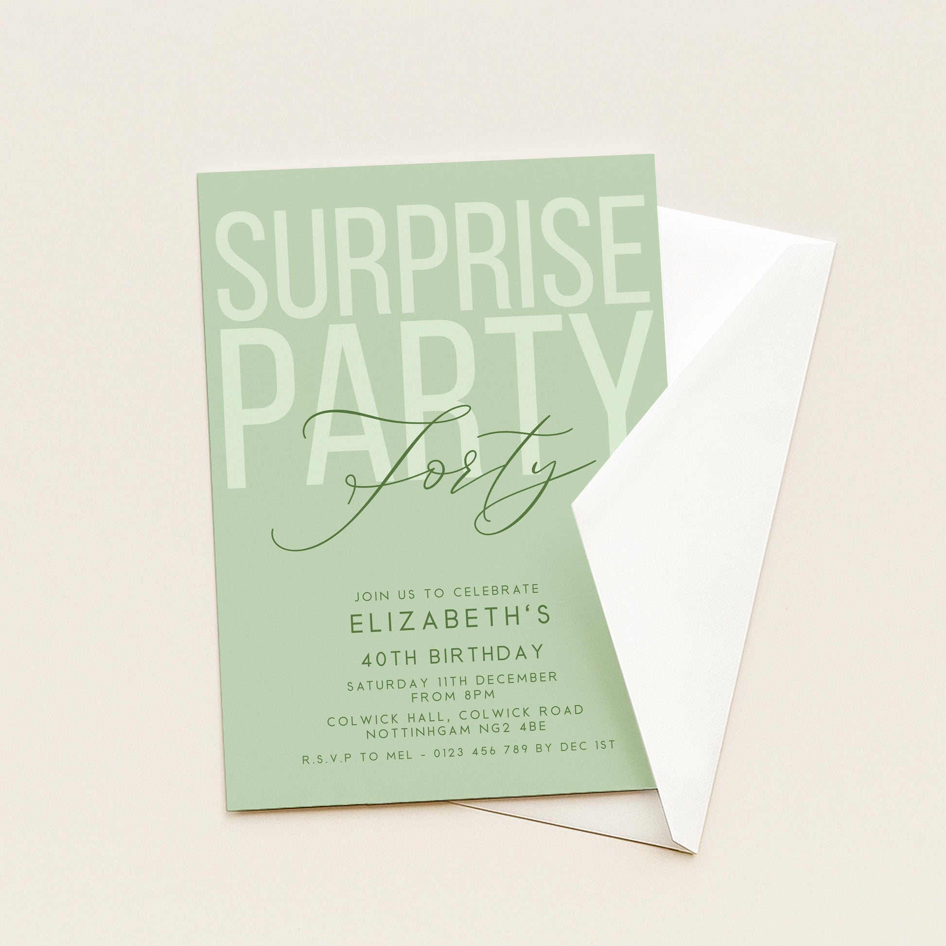 Surprise 40th Birthday Invitation, Editable Sage Surprise Party Invite, Unisex Adult Invitation Template, 40th BirthdayPrintable Template