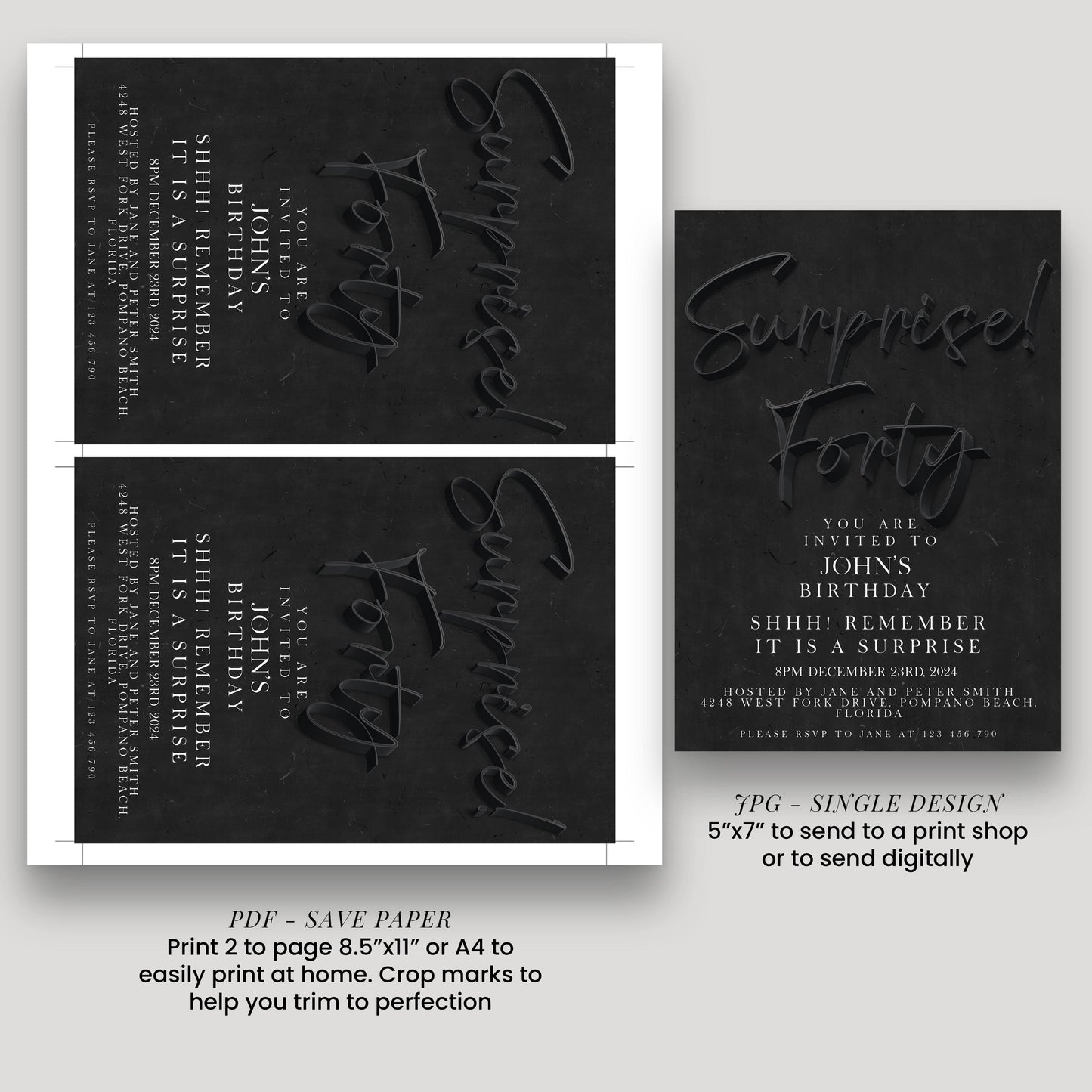 Surprise 40th Birthday Invitations for Him Black invitation Simple Elegant For Him or Her Instant Download Printable SE19