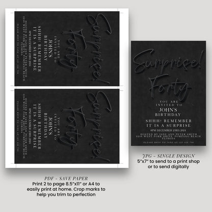 Surprise 40th Birthday Invitations for Him Black invitation Simple Elegant For Him or Her Instant Download Printable SE19