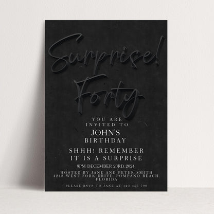 Surprise 40th Birthday Invitations for Him Black invitation Simple Elegant For Him or Her Instant Download Printable SE19