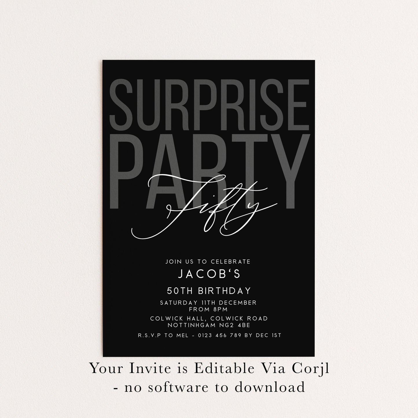 Surprise 50th Birthday Invitation, Editable Black Surprise Party Invite, Mens Adult Invitation Template, 50th BirthdayPrintable Template
