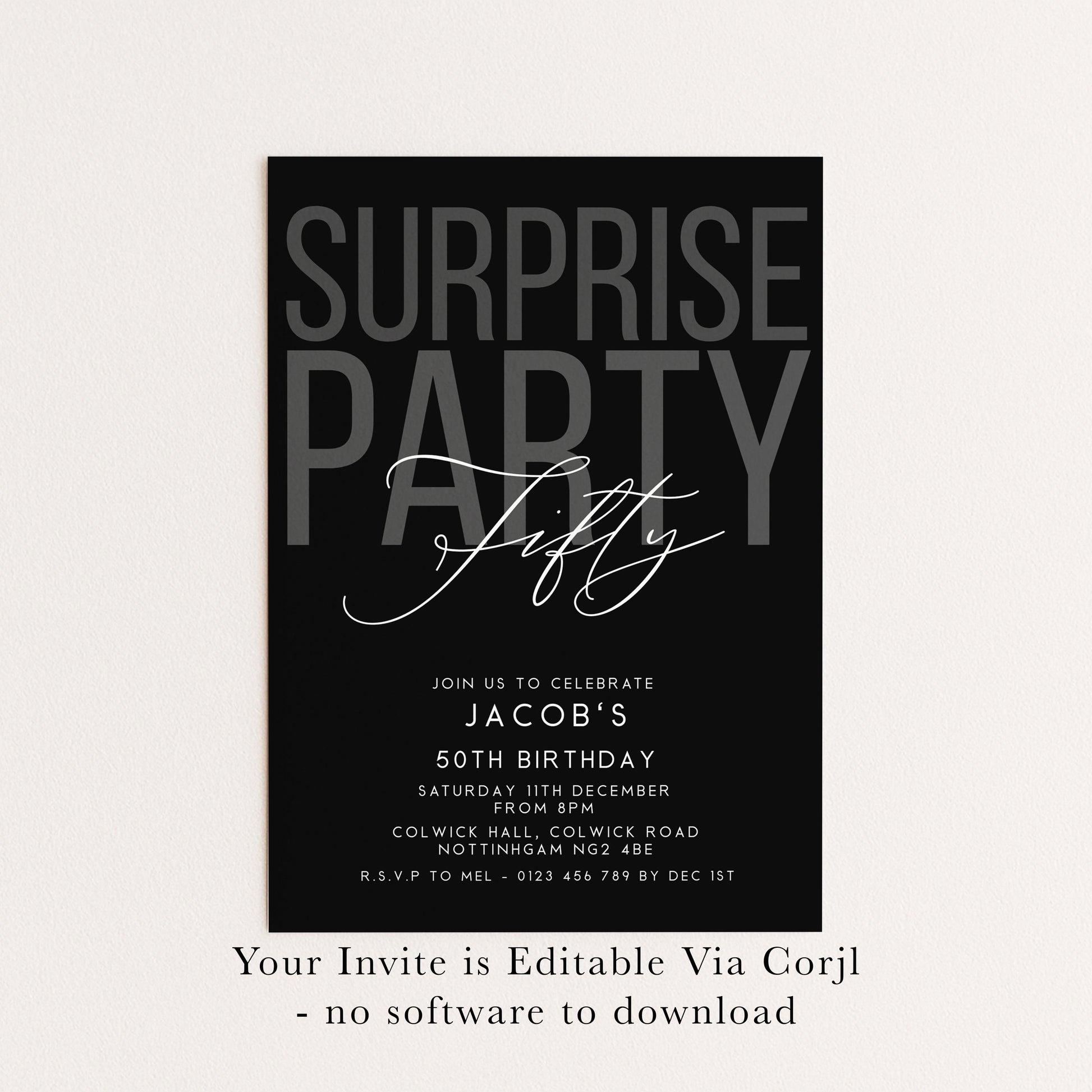 Surprise 50th Birthday Invitation, Editable Black Surprise Party Invite, Mens Adult Invitation Template, 50th BirthdayPrintable Template