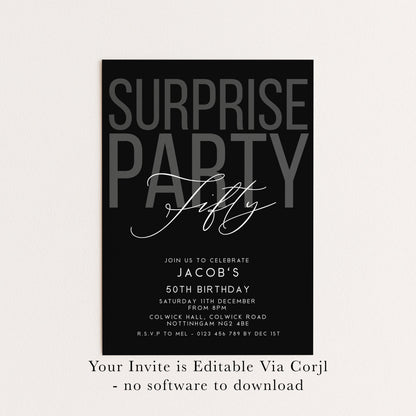 Surprise 50th Birthday Invitation, Editable Black Surprise Party Invite, Mens Adult Invitation Template, 50th BirthdayPrintable Template