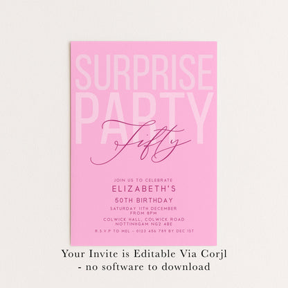 Surprise 50th Birthday Invitation, Editable Pink Surprise Party Invite, Women's Adult Invitation Template, 50th BirthdayPrintable Template