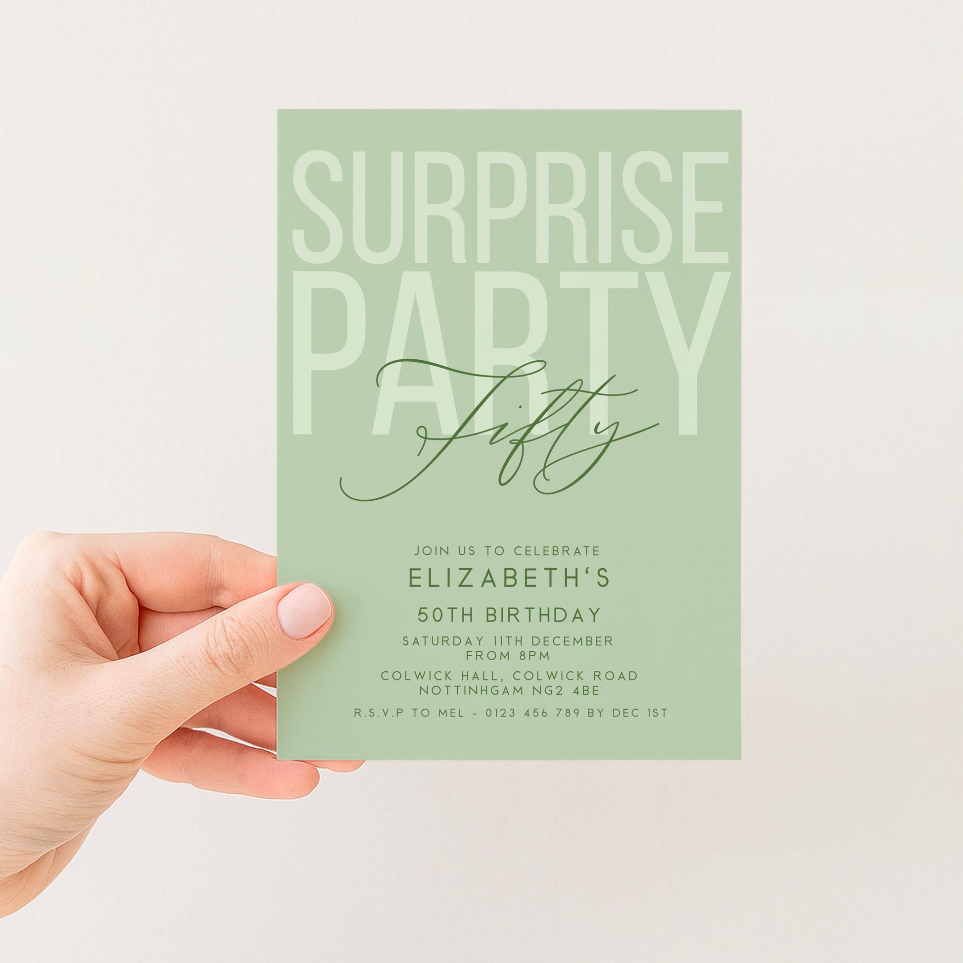 Surprise 50th Birthday Invitation, Editable Sage Surprise Party Invite, Unisex Adult Invitation Template, 50th BirthdayPrintable Template