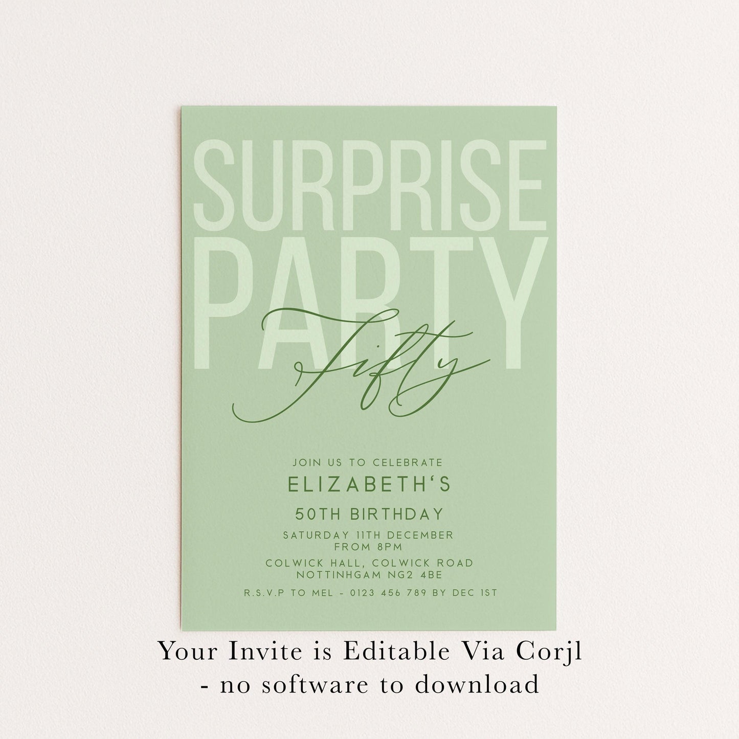 Surprise 50th Birthday Invitation, Editable Sage Surprise Party Invite, Unisex Adult Invitation Template, 50th BirthdayPrintable Template
