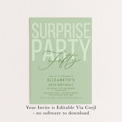 Surprise 50th Birthday Invitation, Editable Sage Surprise Party Invite, Unisex Adult Invitation Template, 50th BirthdayPrintable Template