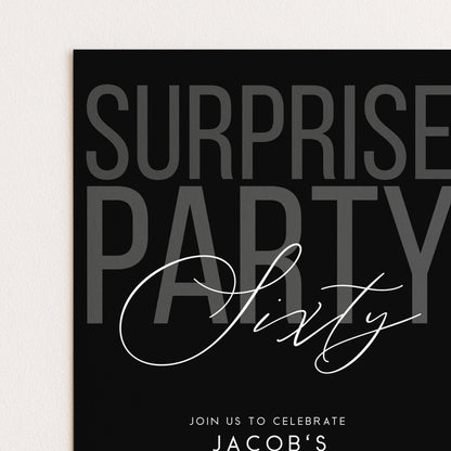 Surprise 60th Birthday Invitation, Editable Black Surprise Party Invite, Mens Adult Invitation Template, 60th BirthdayPrintable Template