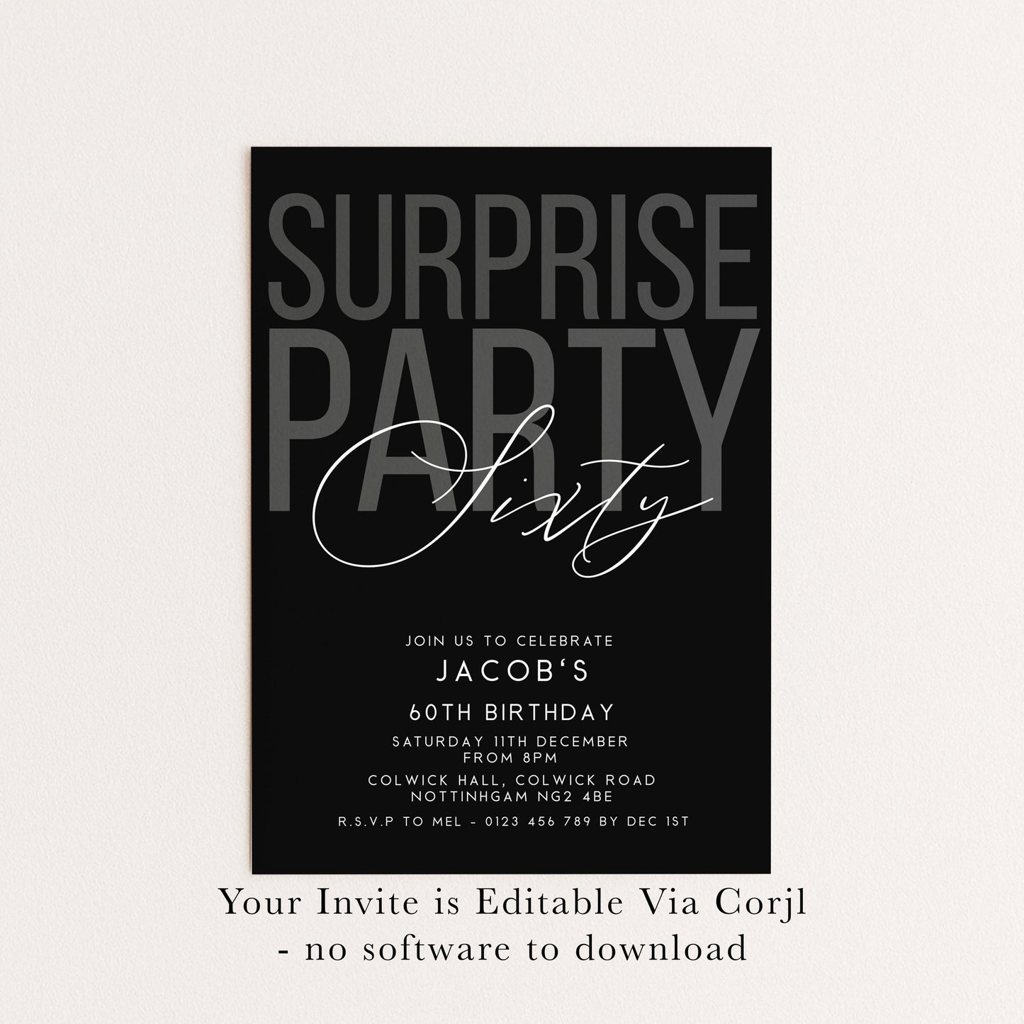 Surprise 60th Birthday Invitation, Editable Black Surprise Party Invite, Mens Adult Invitation Template, 60th BirthdayPrintable Template