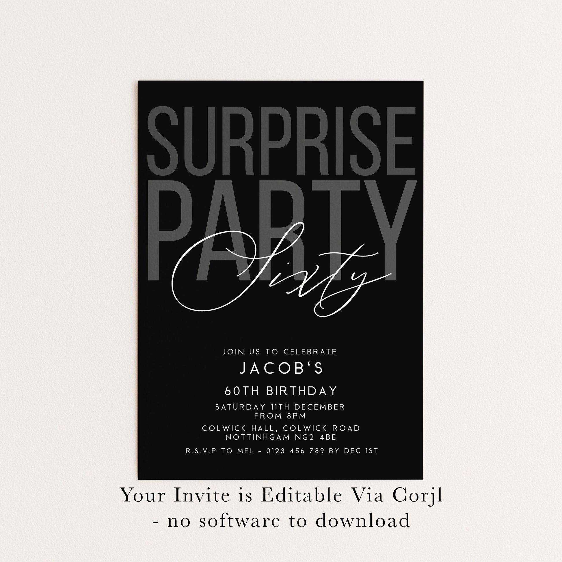 Surprise 60th Birthday Invitation, Editable Black Surprise Party Invite, Mens Adult Invitation Template, 60th BirthdayPrintable Template