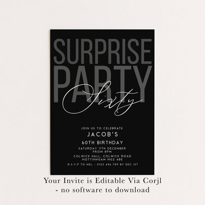 Surprise 60th Birthday Invitation, Editable Black Surprise Party Invite, Mens Adult Invitation Template, 60th BirthdayPrintable Template