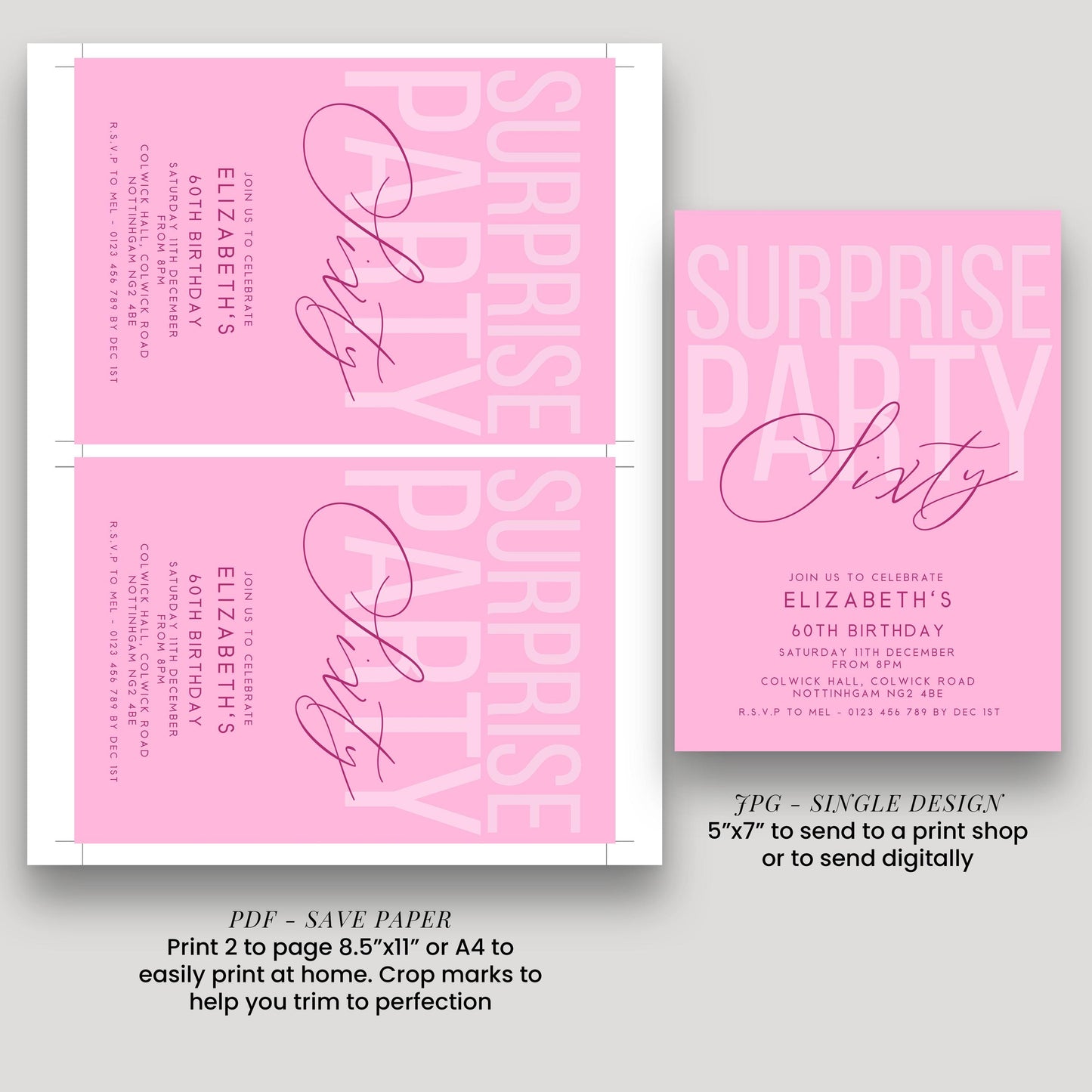 Surprise 60th Birthday Invitation, Editable Pink Surprise Party Invite, Women's Adult Invitation Template, 60th BirthdayPrintable Template