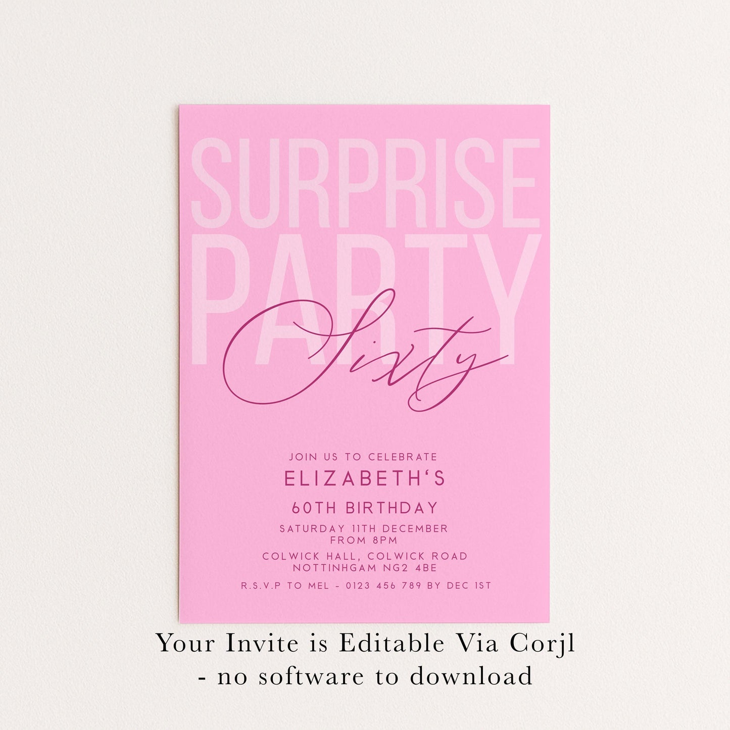 Surprise 60th Birthday Invitation, Editable Pink Surprise Party Invite, Women's Adult Invitation Template, 60th BirthdayPrintable Template