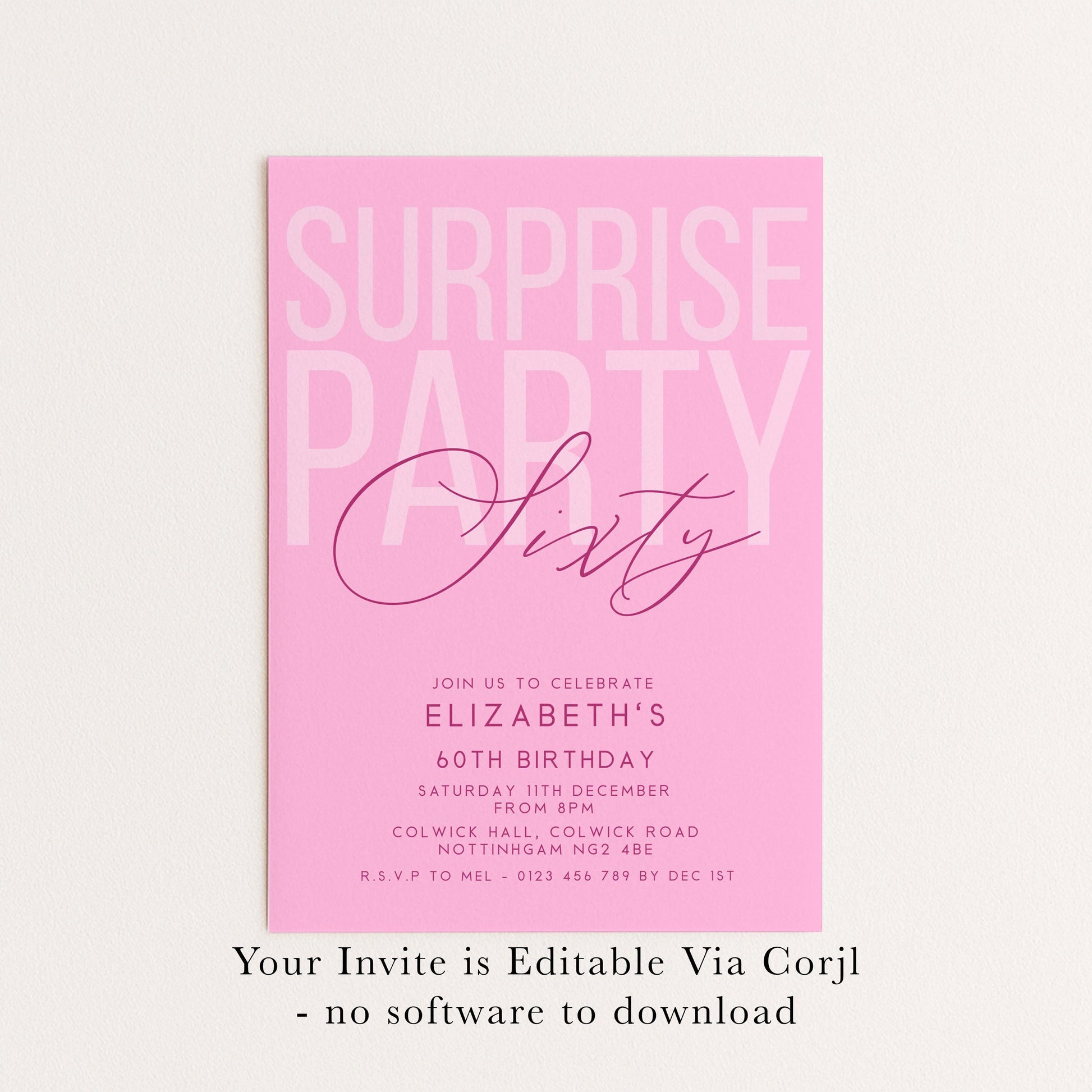 Surprise 60th Birthday Invitation, Editable Pink Surprise Party Invite, Women's Adult Invitation Template, 60th BirthdayPrintable Template