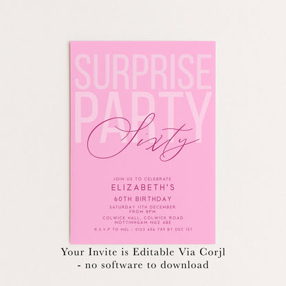 Surprise 60th Birthday Invitation, Editable Pink Surprise Party Invite, Women's Adult Invitation Template, 60th BirthdayPrintable Template