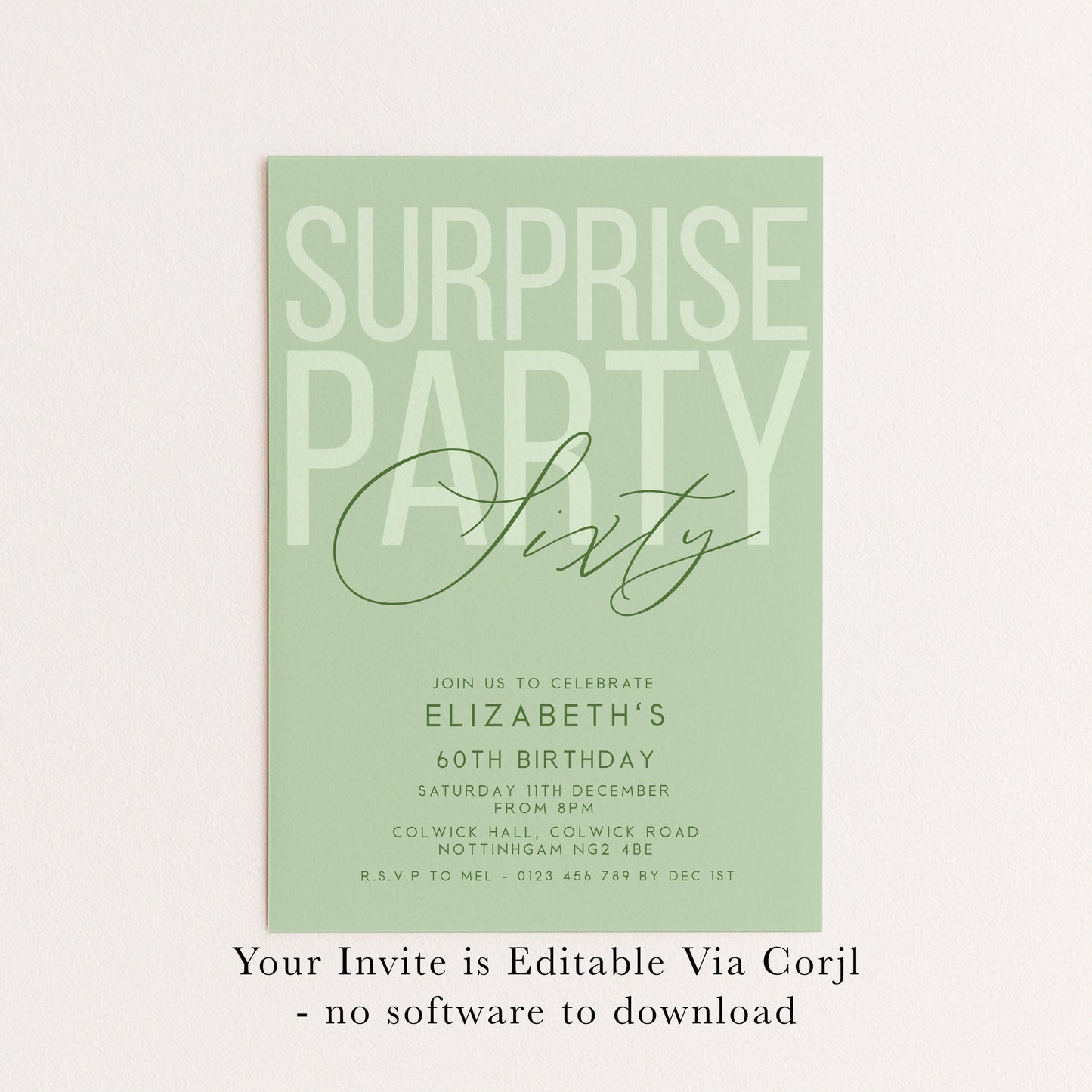 Surprise 60th Birthday Invitation, Editable Sage Surprise Party Invite, Unisex Adult Invitation Template, 60th BirthdayPrintable Template