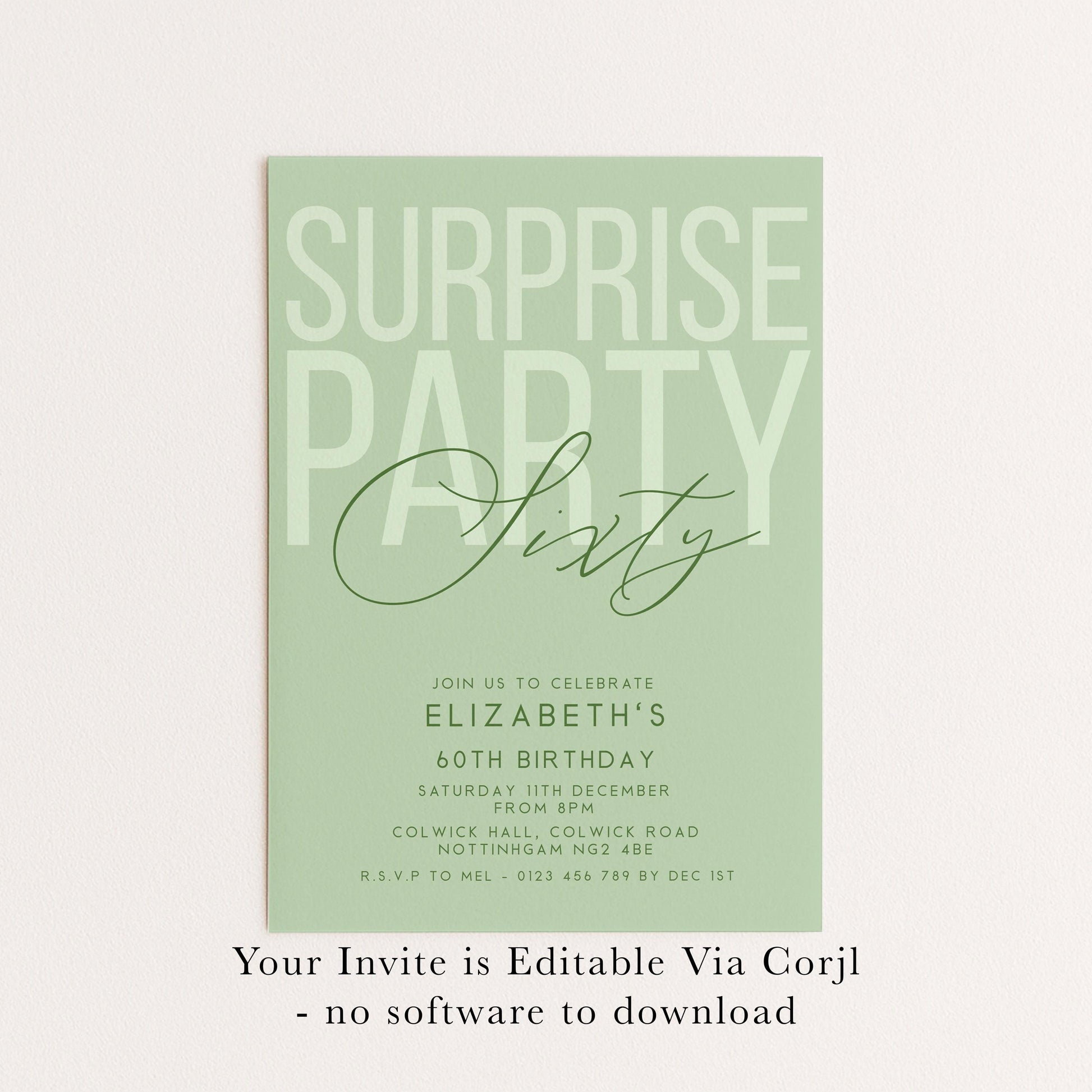 Surprise 60th Birthday Invitation, Editable Sage Surprise Party Invite, Unisex Adult Invitation Template, 60th BirthdayPrintable Template