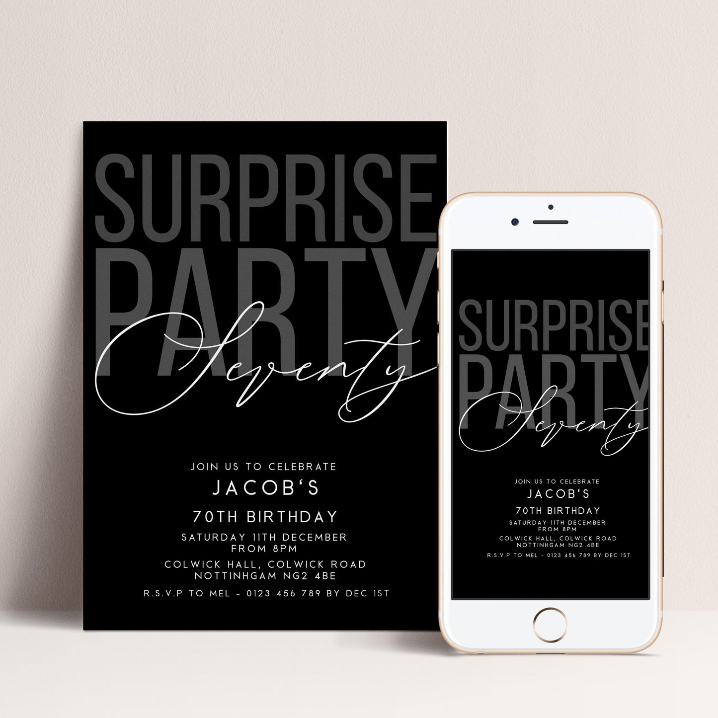 Surprise 70th Birthday Invitation, Editable Black Surprise Party Invite, Mens Adult Invitation Template, 70th BirthdayPrintable Template