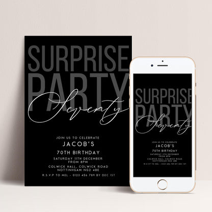Surprise 70th Birthday Invitation, Editable Black Surprise Party Invite, Mens Adult Invitation Template, 70th BirthdayPrintable Template