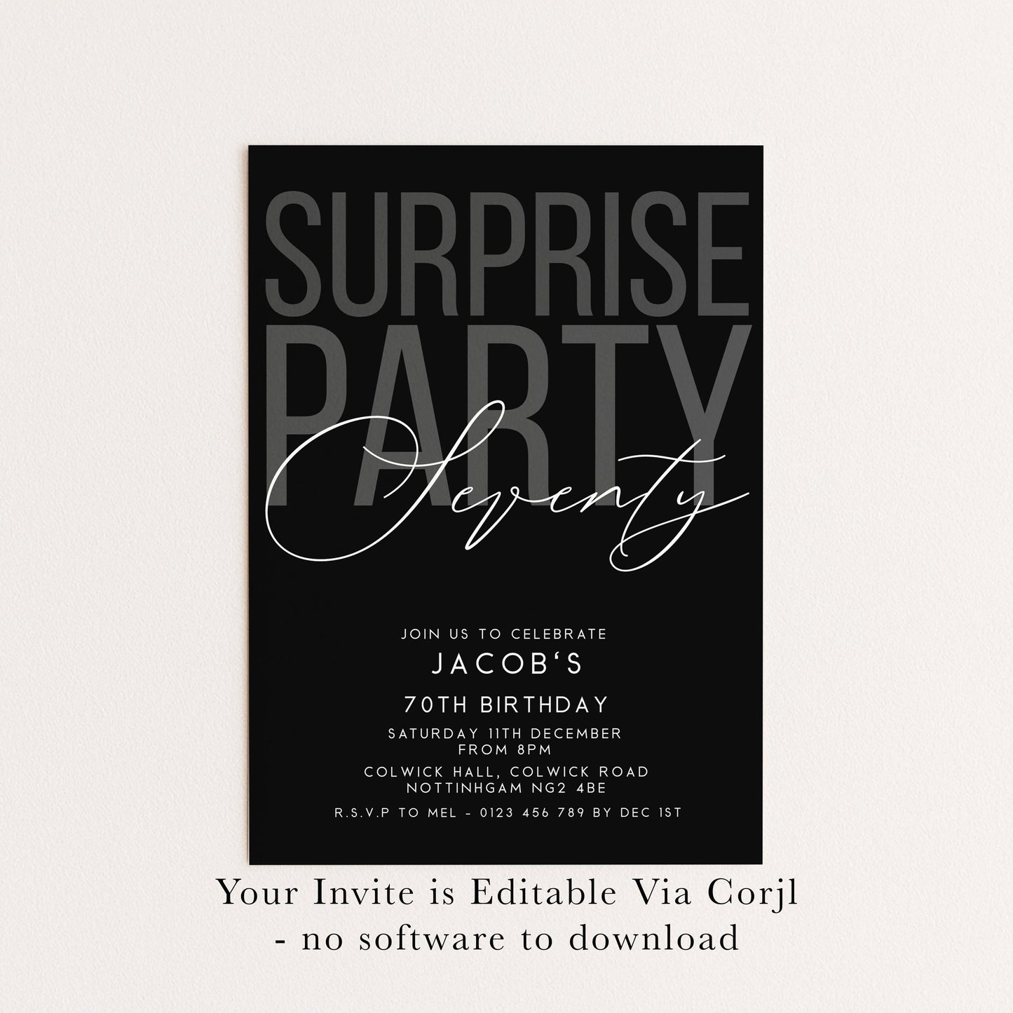 Surprise 70th Birthday Invitation, Editable Black Surprise Party Invite, Mens Adult Invitation Template, 70th BirthdayPrintable Template