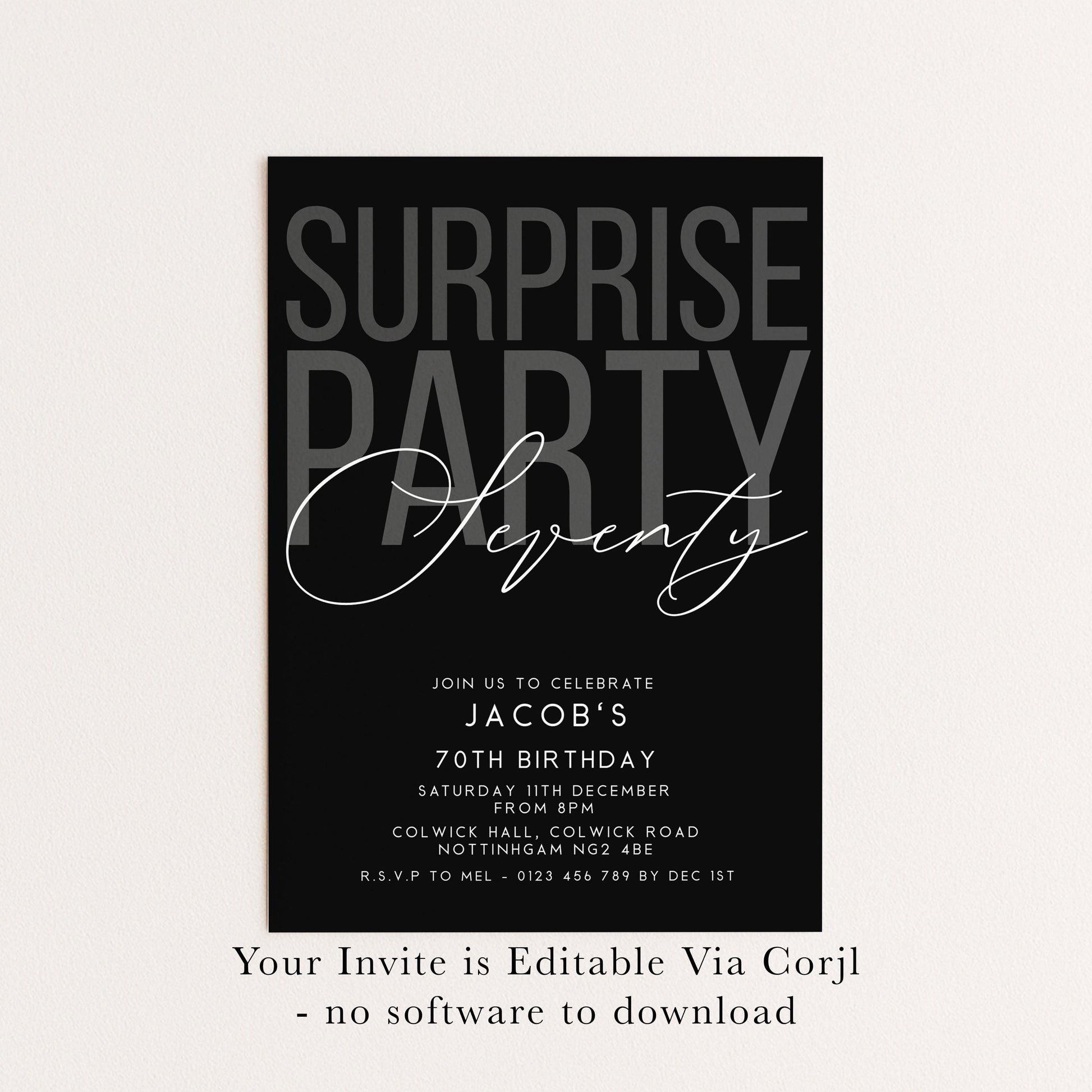 Surprise 70th Birthday Invitation, Editable Black Surprise Party Invite, Mens Adult Invitation Template, 70th BirthdayPrintable Template