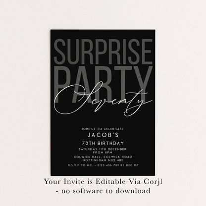 Surprise 70th Birthday Invitation, Editable Black Surprise Party Invite, Mens Adult Invitation Template, 70th BirthdayPrintable Template