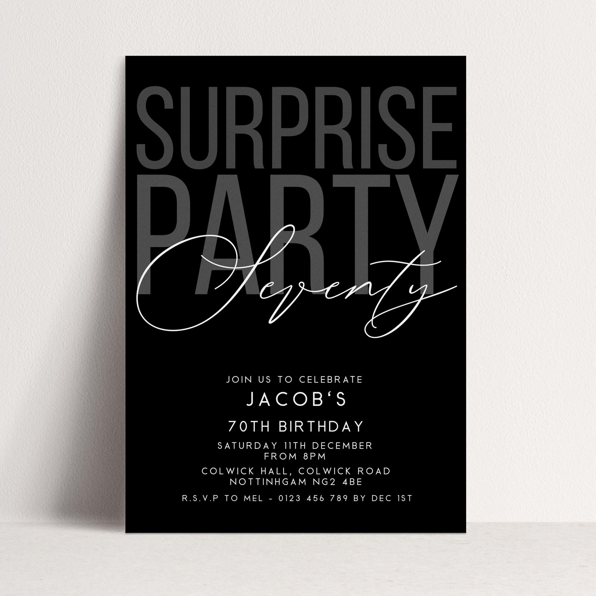 Surprise 70th Birthday Invitation, Editable Black Surprise Party Invite, Mens Adult Invitation Template, 70th BirthdayPrintable Template