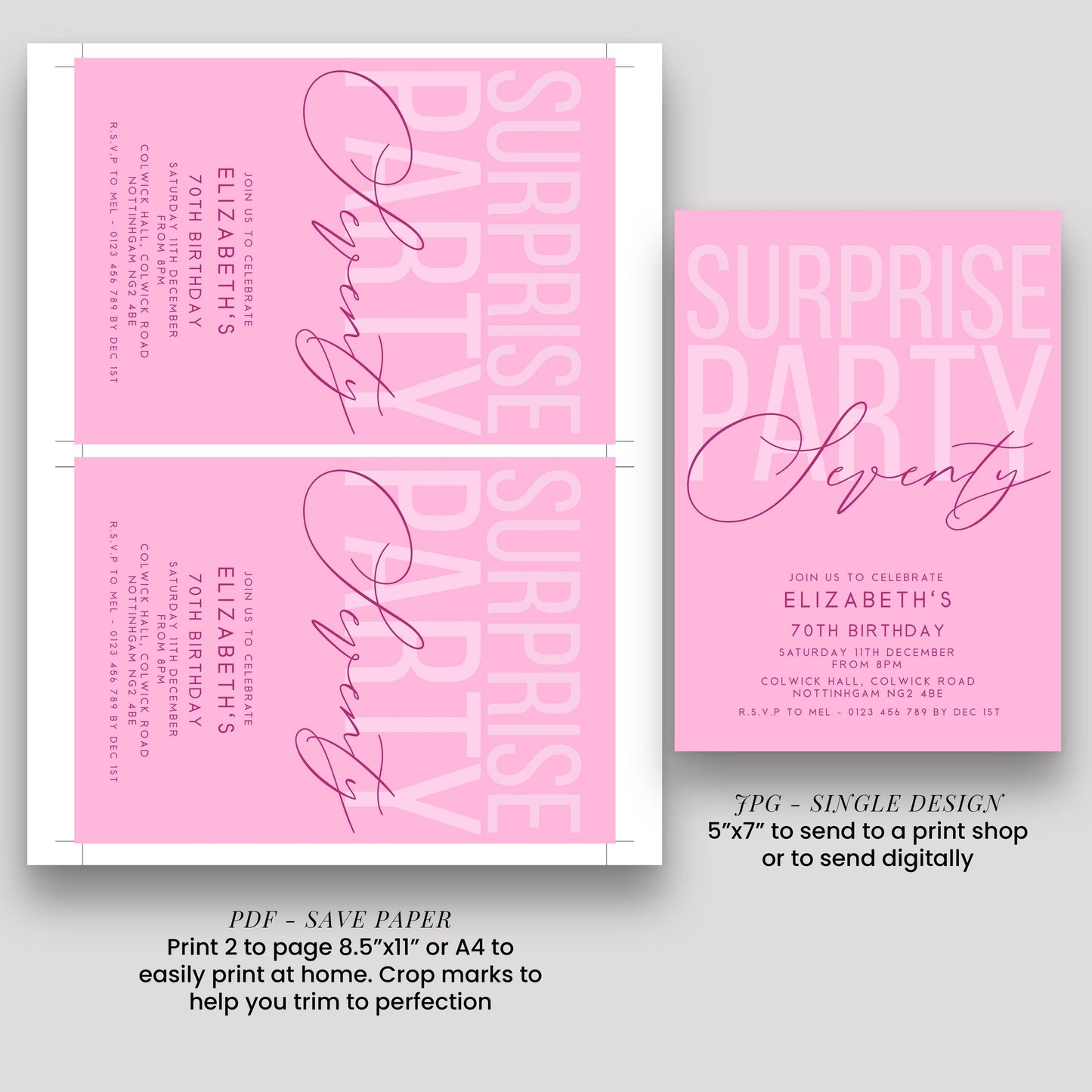 Surprise 70th Birthday Invitation, Editable Pink Surprise Party Invite, Women's Adult Invitation Template, 70th BirthdayPrintable Template