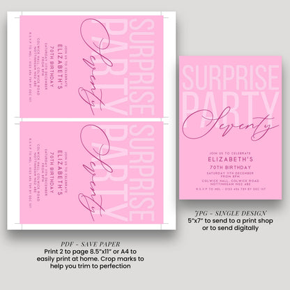 Surprise 70th Birthday Invitation, Editable Pink Surprise Party Invite, Women's Adult Invitation Template, 70th BirthdayPrintable Template