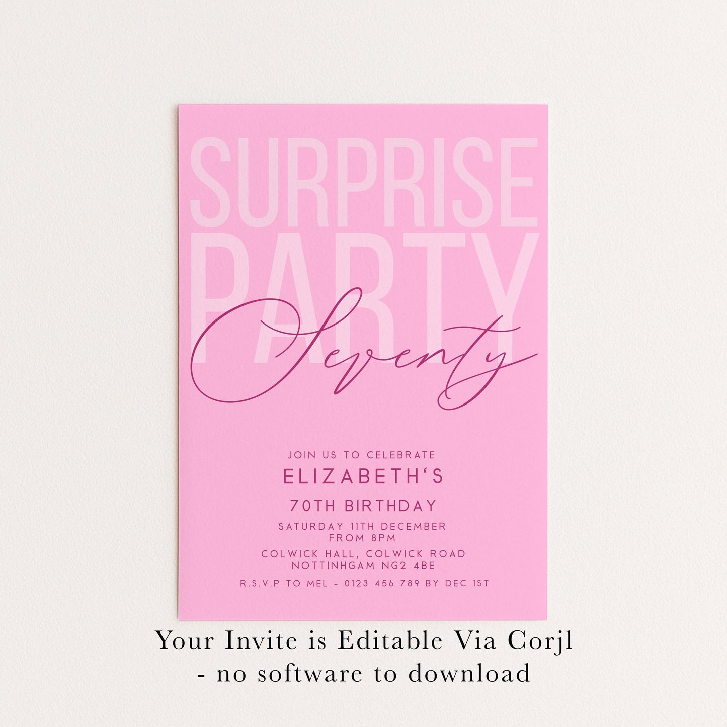 Surprise 70th Birthday Invitation, Editable Pink Surprise Party Invite, Women's Adult Invitation Template, 70th BirthdayPrintable Template