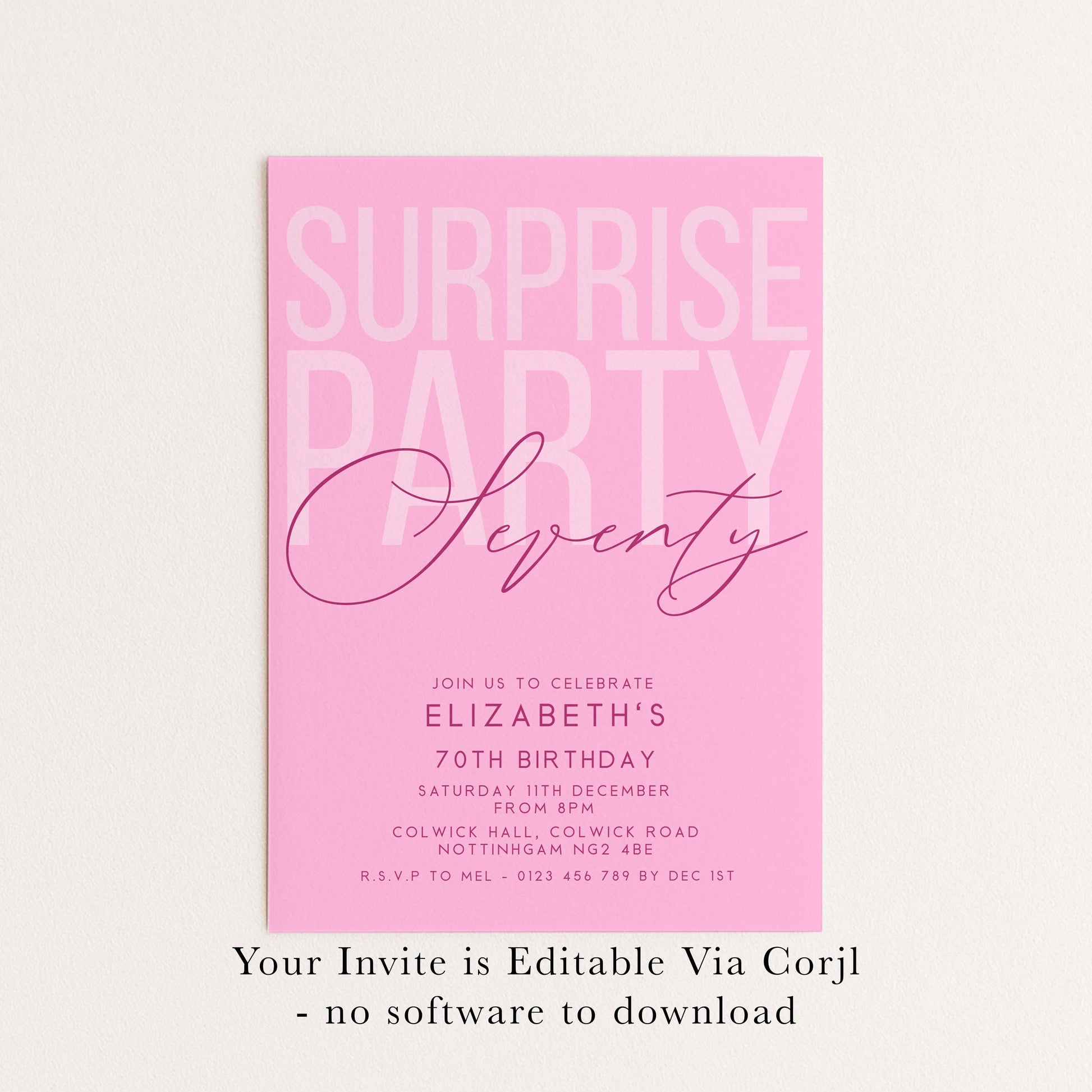 Surprise 70th Birthday Invitation, Editable Pink Surprise Party Invite, Women's Adult Invitation Template, 70th BirthdayPrintable Template