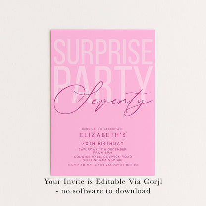 Surprise 70th Birthday Invitation, Editable Pink Surprise Party Invite, Women's Adult Invitation Template, 70th BirthdayPrintable Template