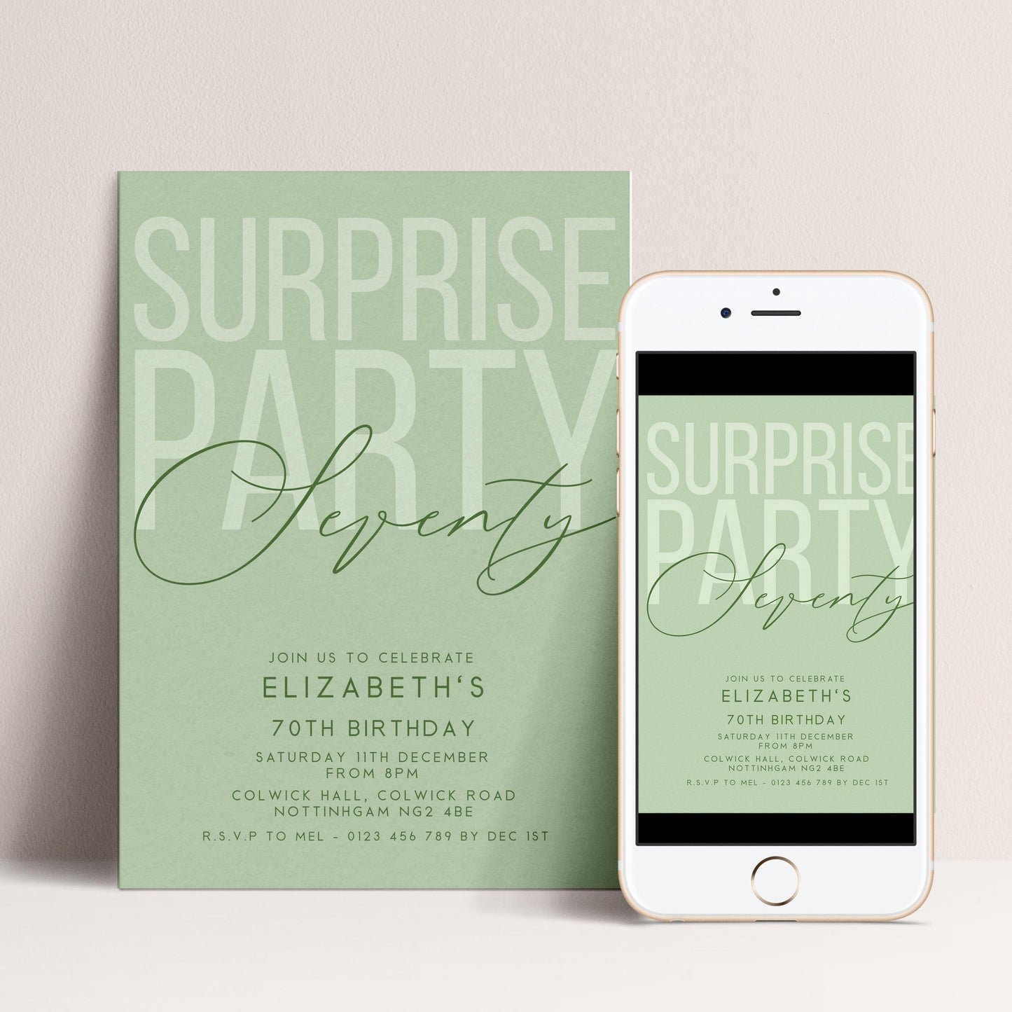 Surprise 70th Birthday Invitation, Editable Sage Surprise Party Invite, Unisex Adult Invitation Template, 70th BirthdayPrintable Template