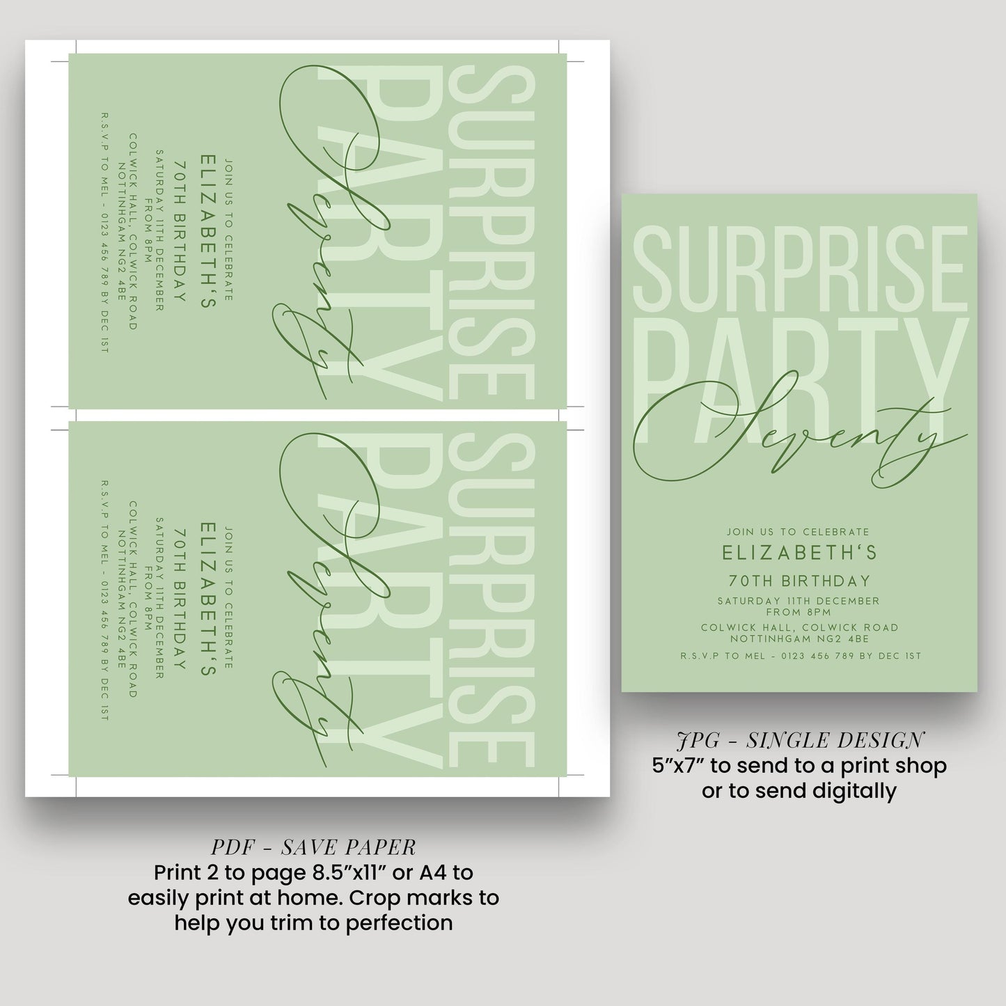 Surprise 70th Birthday Invitation, Editable Sage Surprise Party Invite, Unisex Adult Invitation Template, 70th BirthdayPrintable Template
