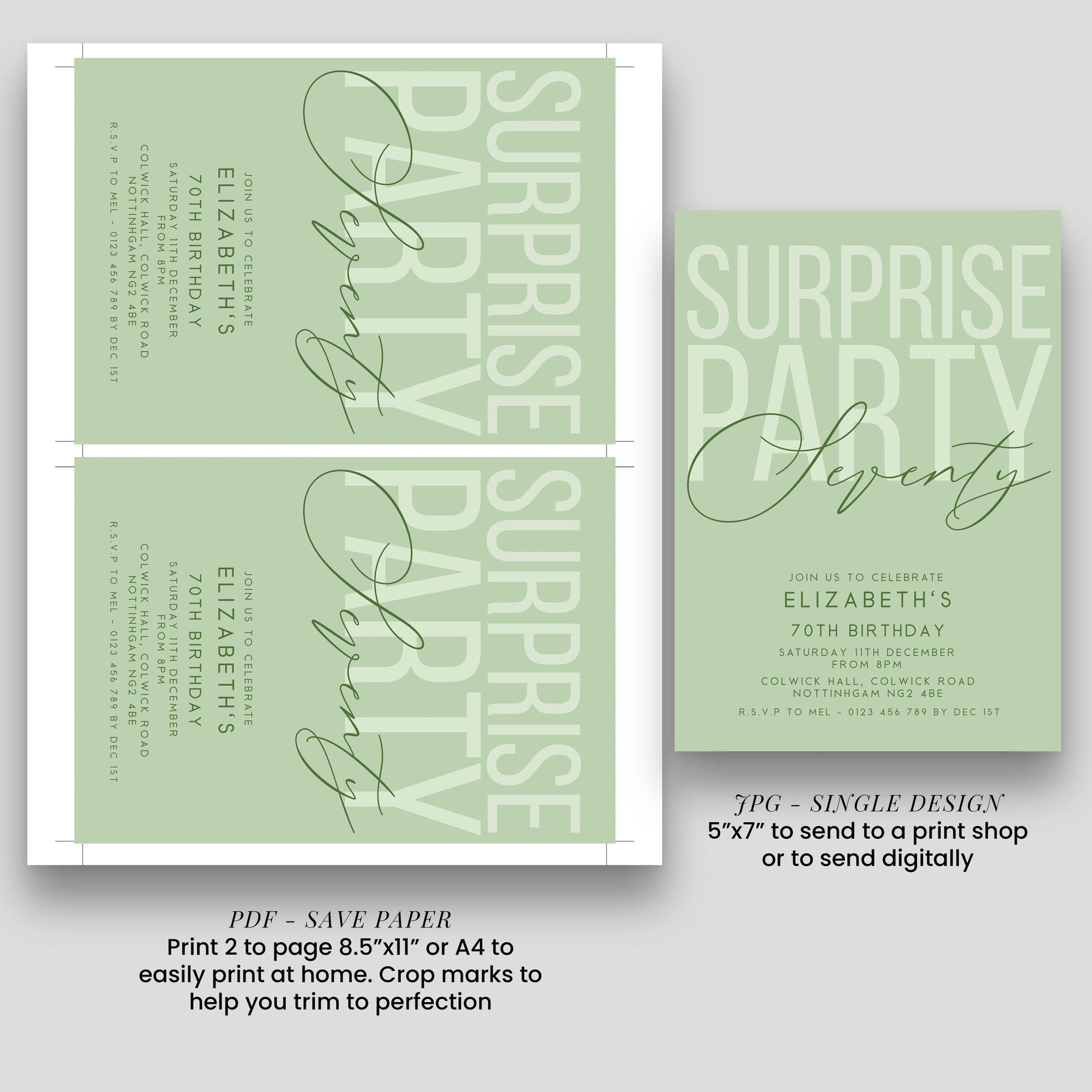 Surprise 70th Birthday Invitation, Editable Sage Surprise Party Invite, Unisex Adult Invitation Template, 70th BirthdayPrintable Template