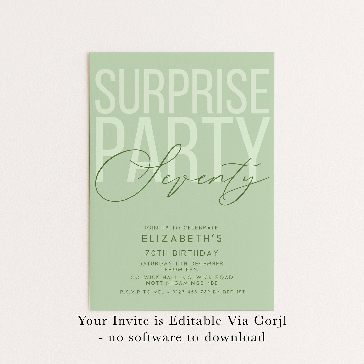 Surprise 70th Birthday Invitation, Editable Sage Surprise Party Invite, Unisex Adult Invitation Template, 70th BirthdayPrintable Template