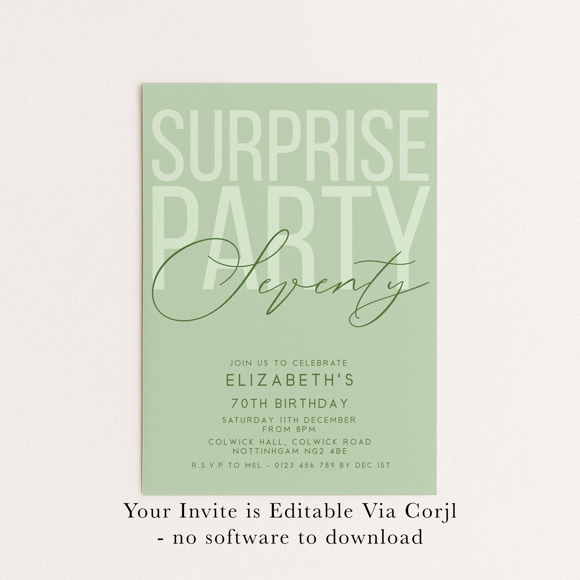 Surprise 70th Birthday Invitation, Editable Sage Surprise Party Invite, Unisex Adult Invitation Template, 70th BirthdayPrintable Template