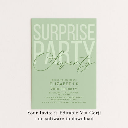 Surprise 70th Birthday Invitation, Editable Sage Surprise Party Invite, Unisex Adult Invitation Template, 70th BirthdayPrintable Template
