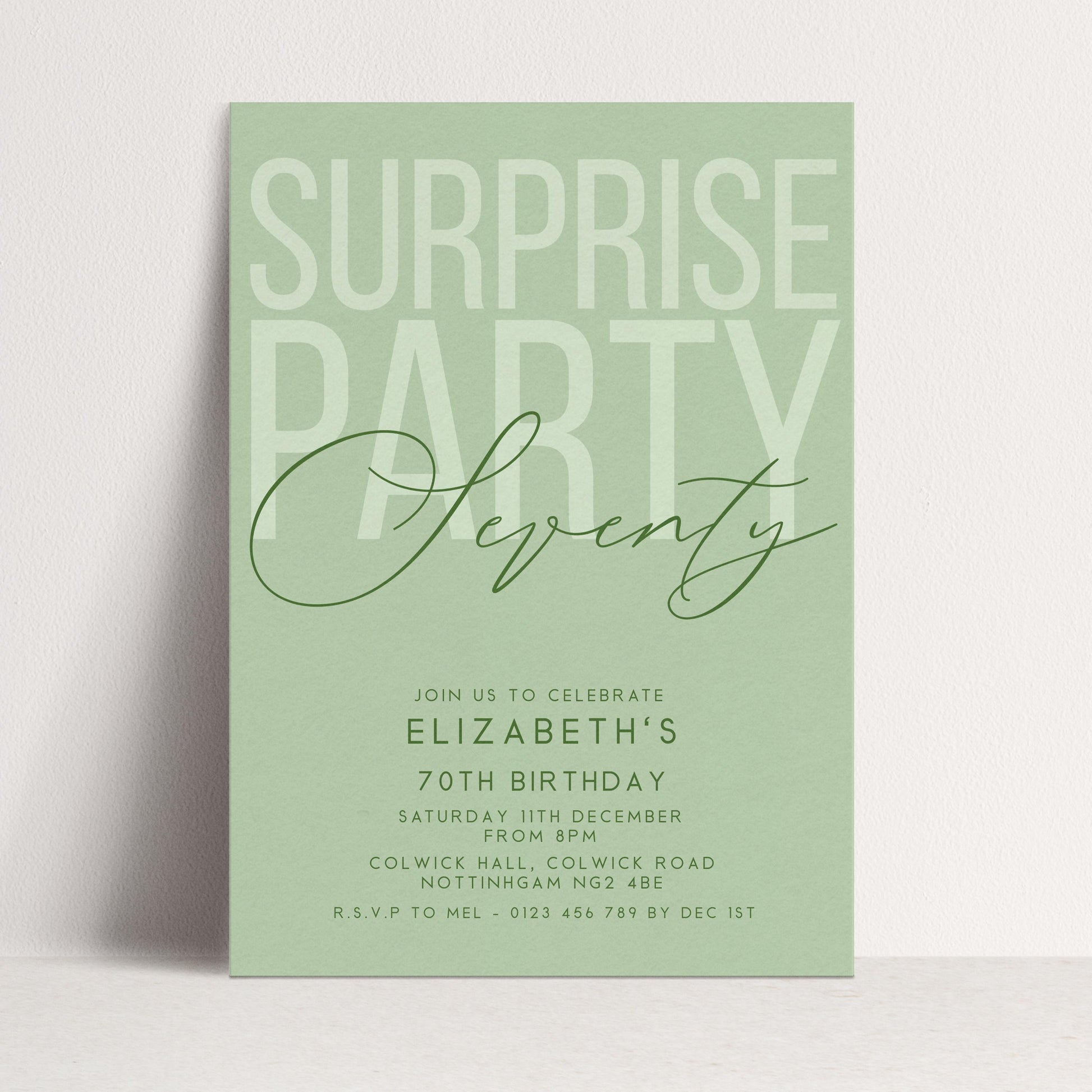 Surprise 70th Birthday Invitation, Editable Sage Surprise Party Invite, Unisex Adult Invitation Template, 70th BirthdayPrintable Template