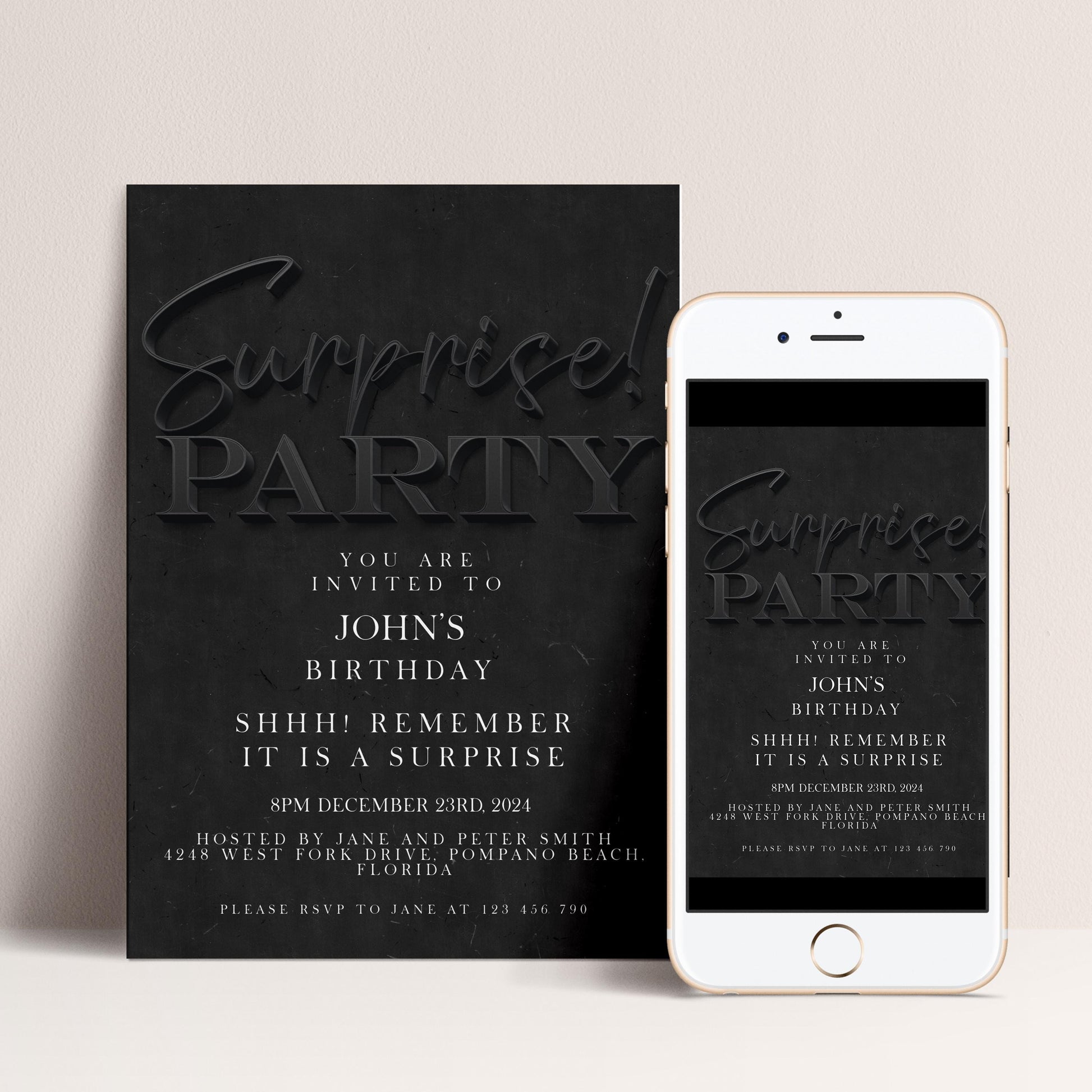 Surprise Birthday Invitation, Black Simple Invite for Him , Surprise Party, editable template, Instant Download SE19
