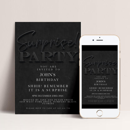 Surprise Birthday Invitation, Black Simple Invite for Him , Surprise Party, editable template, Instant Download SE19