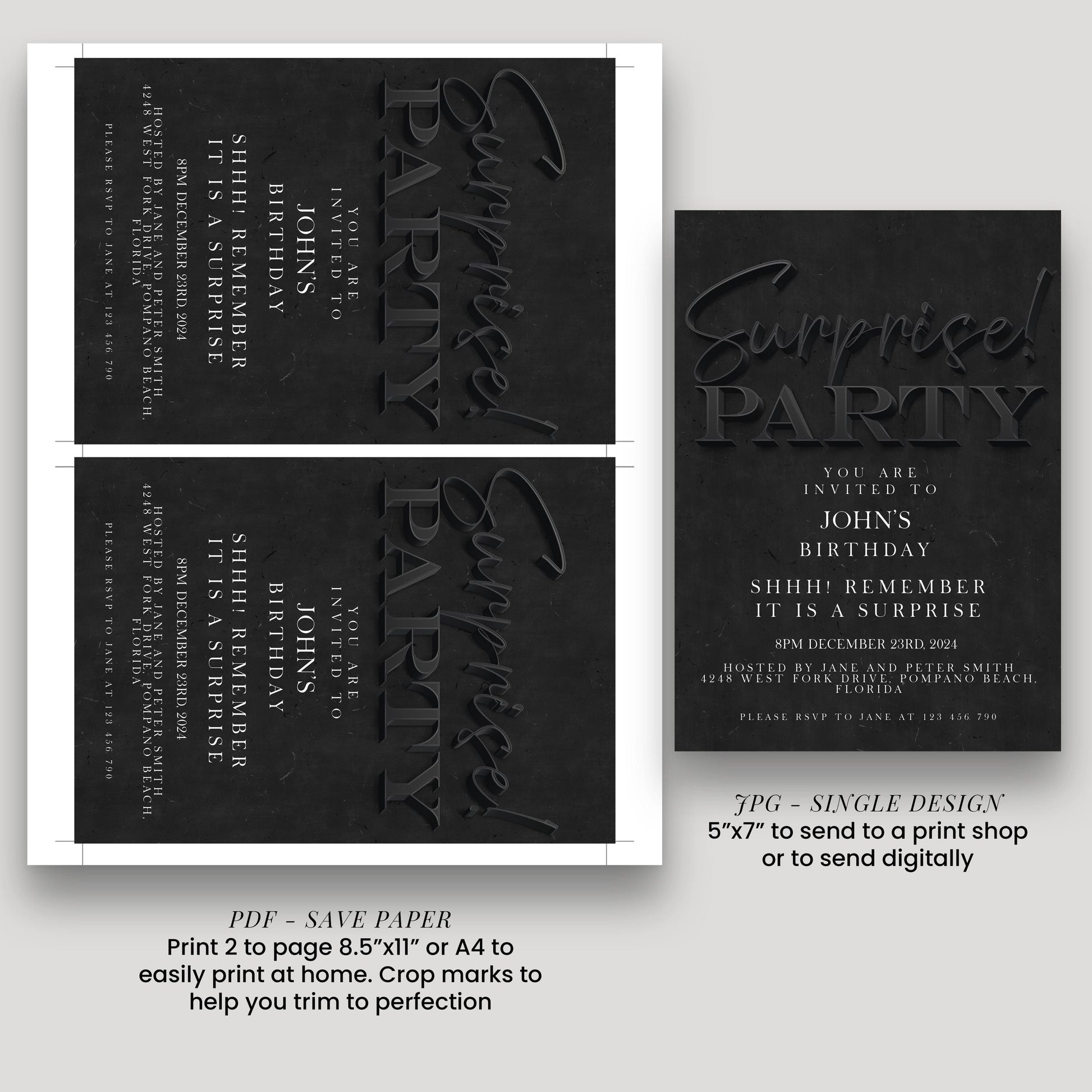 Surprise Birthday Invitation, Black Simple Invite for Him , Surprise Party, editable template, Instant Download SE19