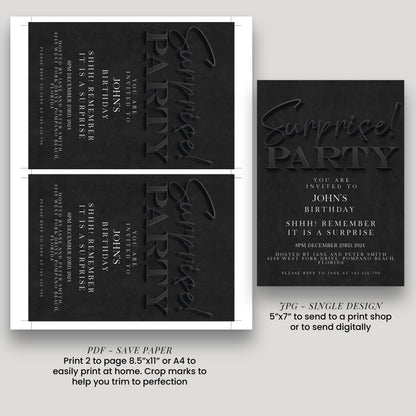 Surprise Birthday Invitation, Black Simple Invite for Him , Surprise Party, editable template, Instant Download SE19