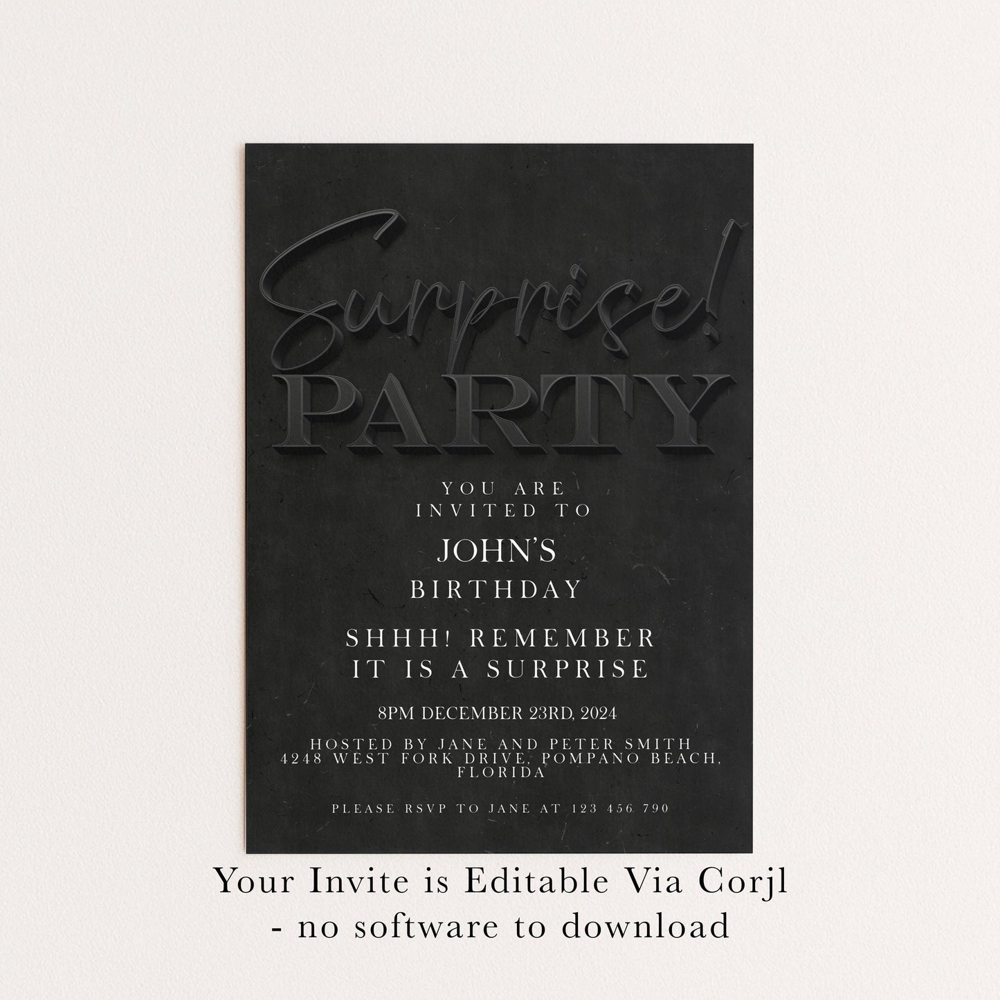 Surprise Birthday Invitation, Black Simple Invite for Him , Surprise Party, editable template, Instant Download SE19