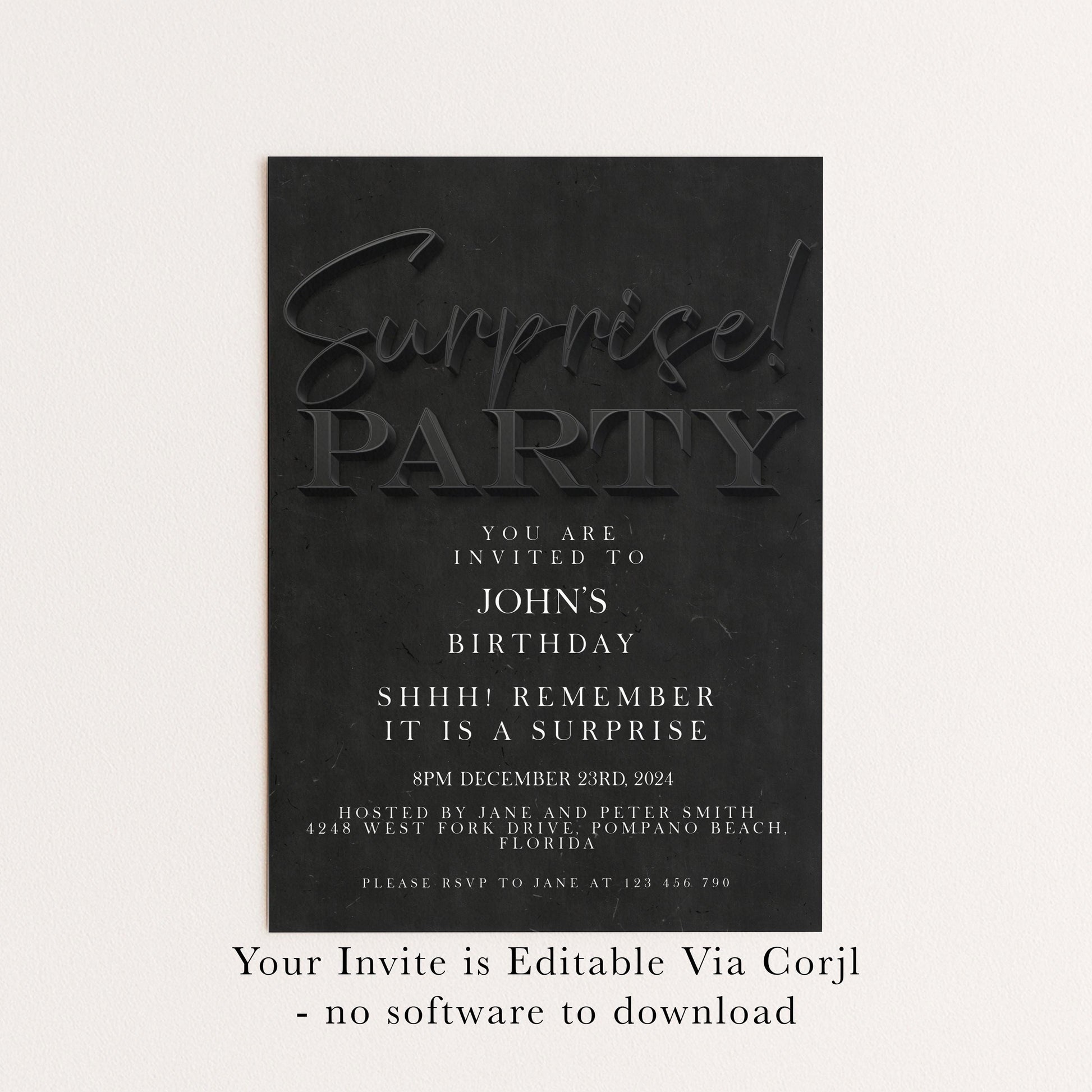 Surprise Birthday Invitation, Black Simple Invite for Him , Surprise Party, editable template, Instant Download SE19