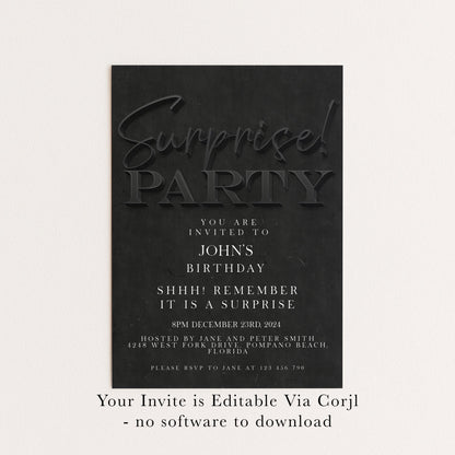 Surprise Birthday Invitation, Black Simple Invite for Him , Surprise Party, editable template, Instant Download SE19