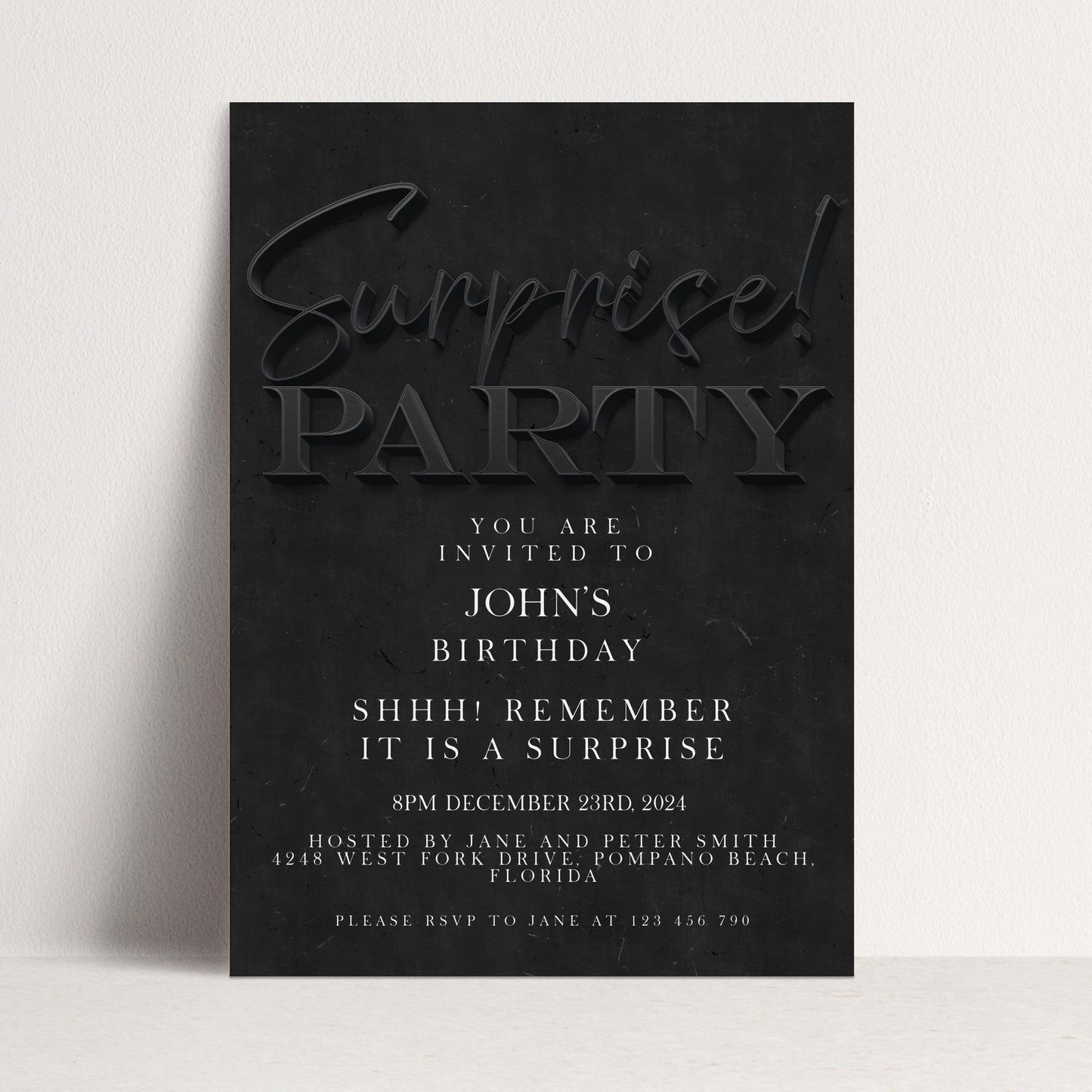 Surprise Birthday Invitation, Black Simple Invite for Him , Surprise Party, editable template, Instant Download SE19