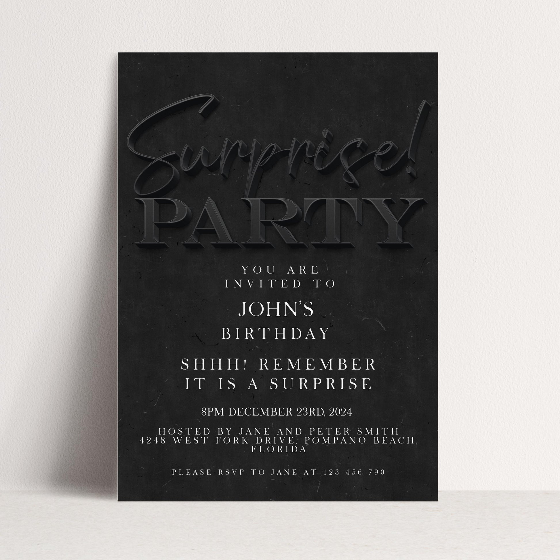 Surprise Birthday Invitation, Black Simple Invite for Him , Surprise Party, editable template, Instant Download SE19